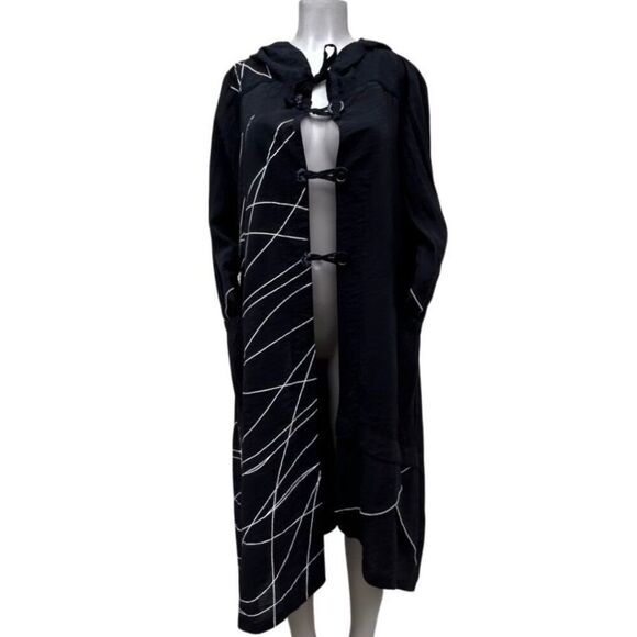 Tusso Hooded Duster Style Robe Women's Large Black White Open Front Abstract - Picture 9 of 11